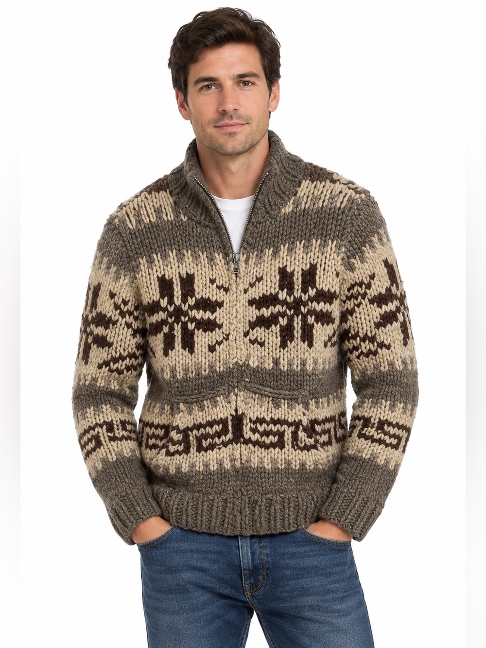 Abercrombie & Fitch Vintage Hand Knit Wool Brown and Cream Zip Up Sweater